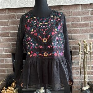 Black Sheer Floral Embroidered Women's Blouse